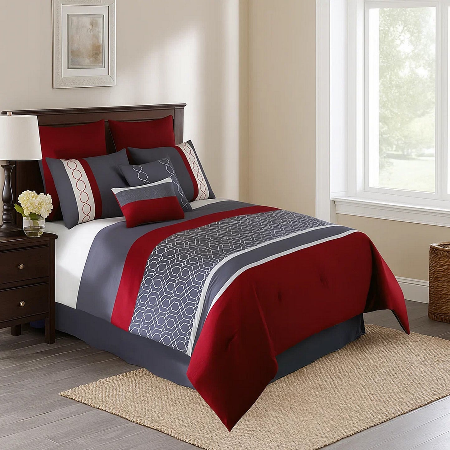 Veria 8 Piece King Comforter Set | Trellis Print | Red