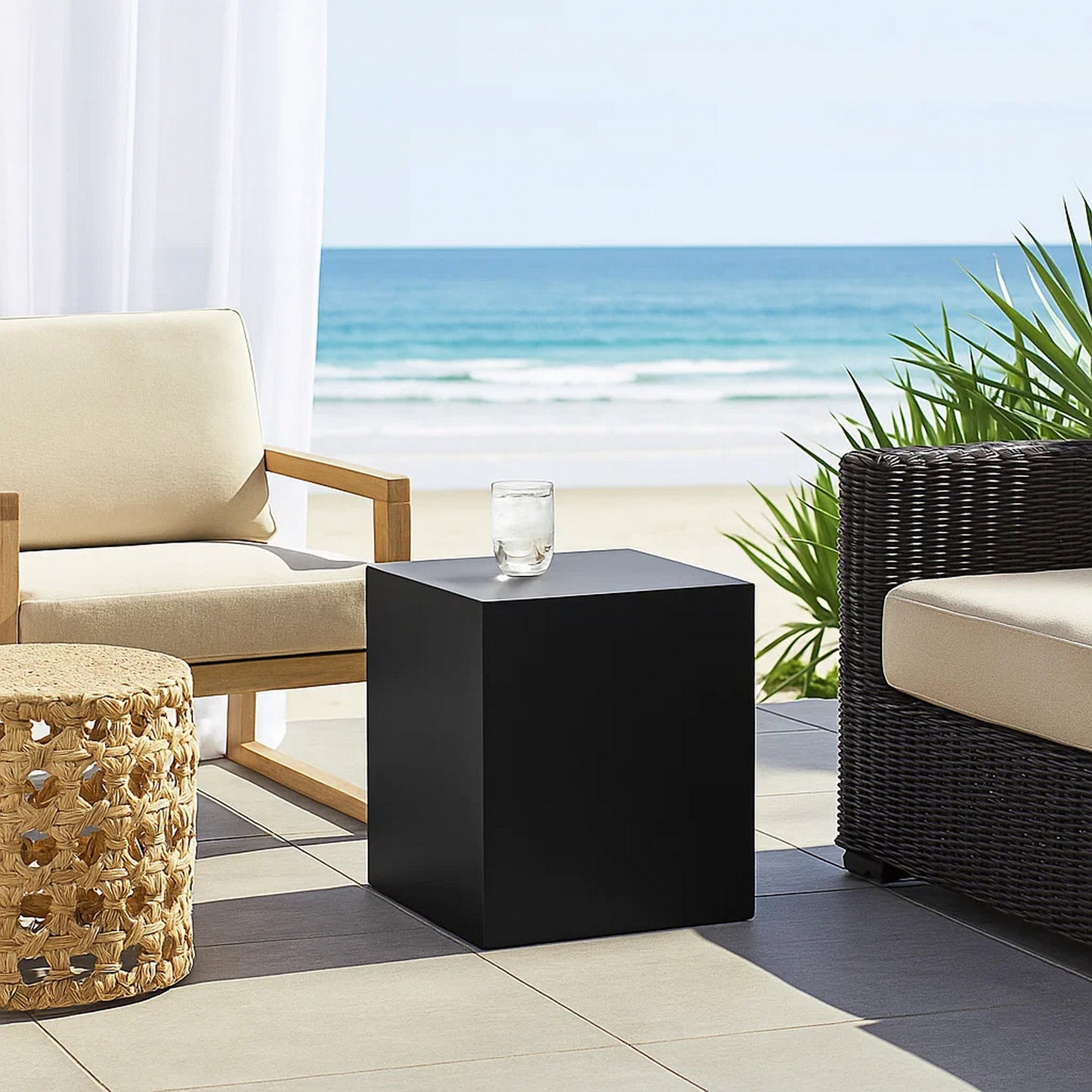 Side Table with Metal Block Cube Shaped, Large, Black