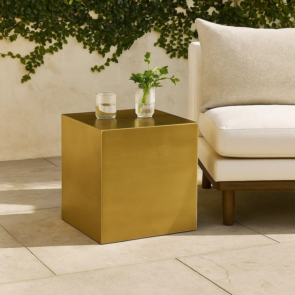 Side Table with Metal Block Cube Shaped, Small, Brass