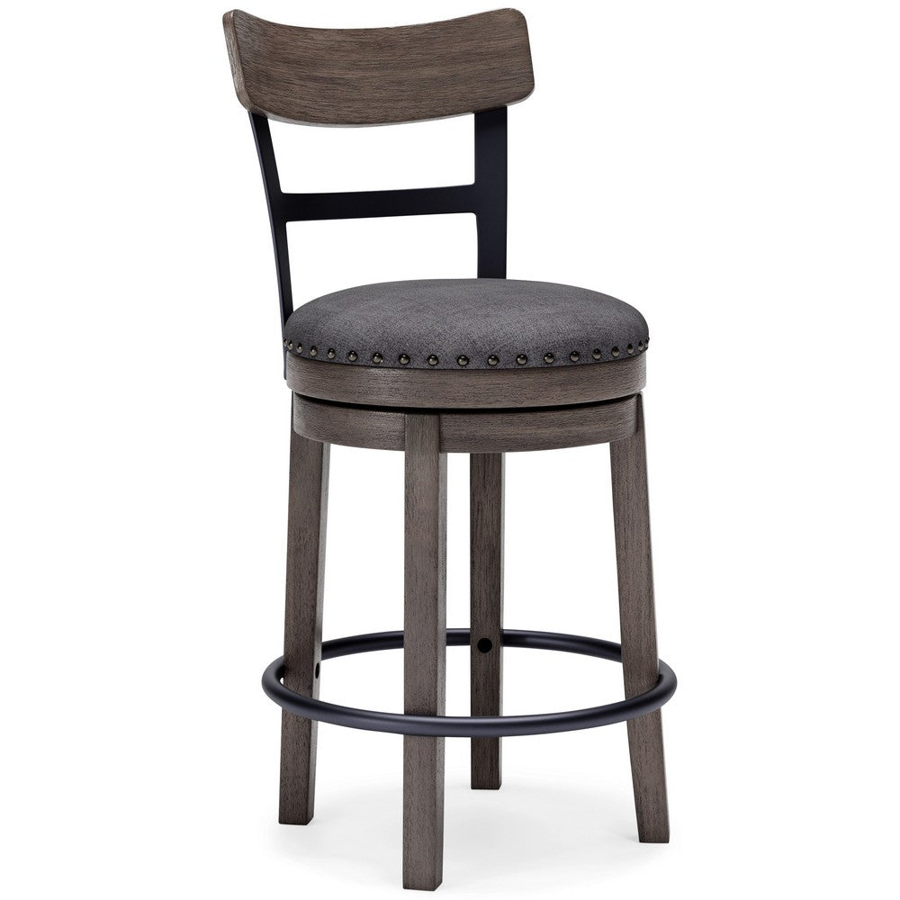 Reid Swivel Barstool | Nailhead Trim | Curved Back | Gray