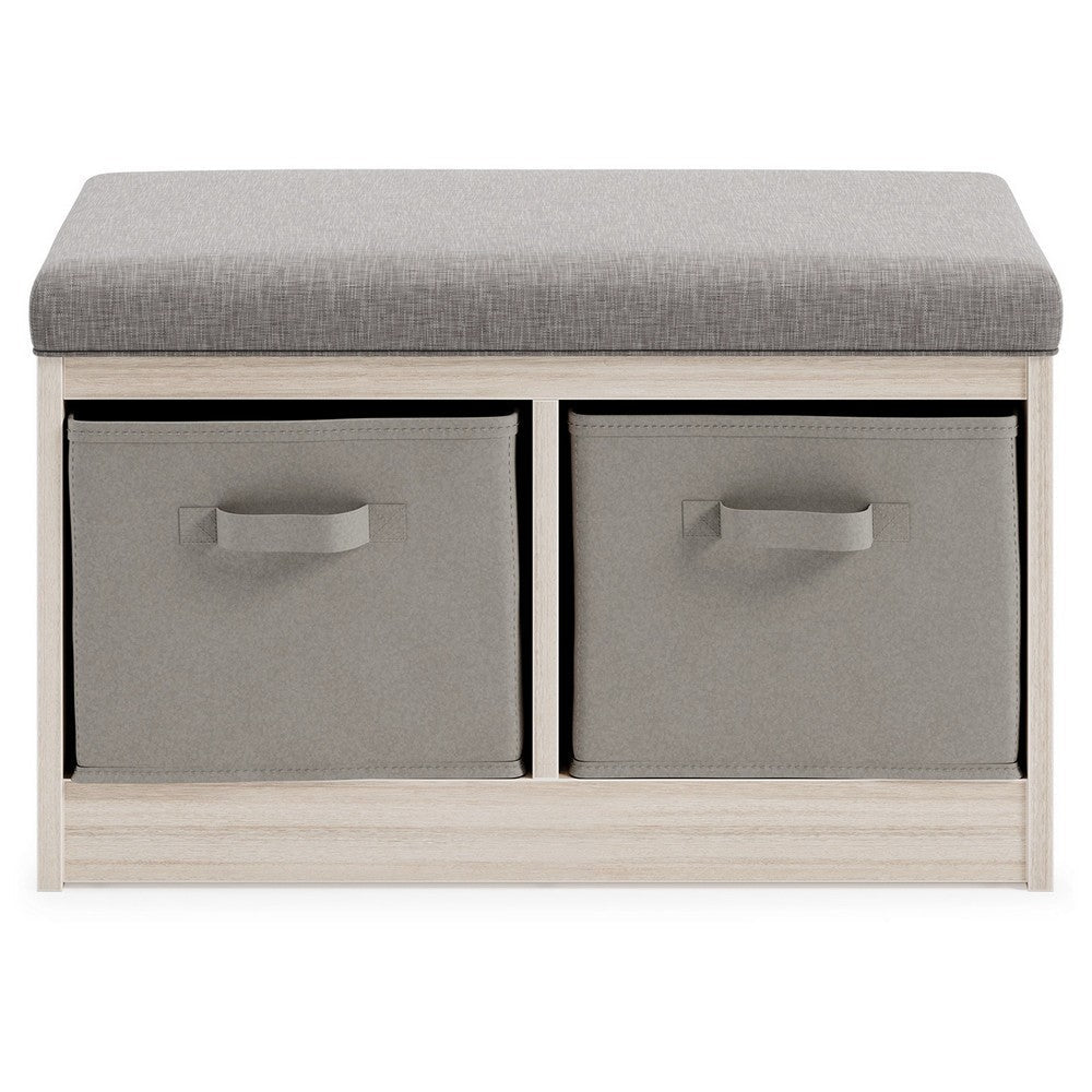 Storage Bench with Cushioned Top and 2 Fabric Baskets, Gray By Casagear Home