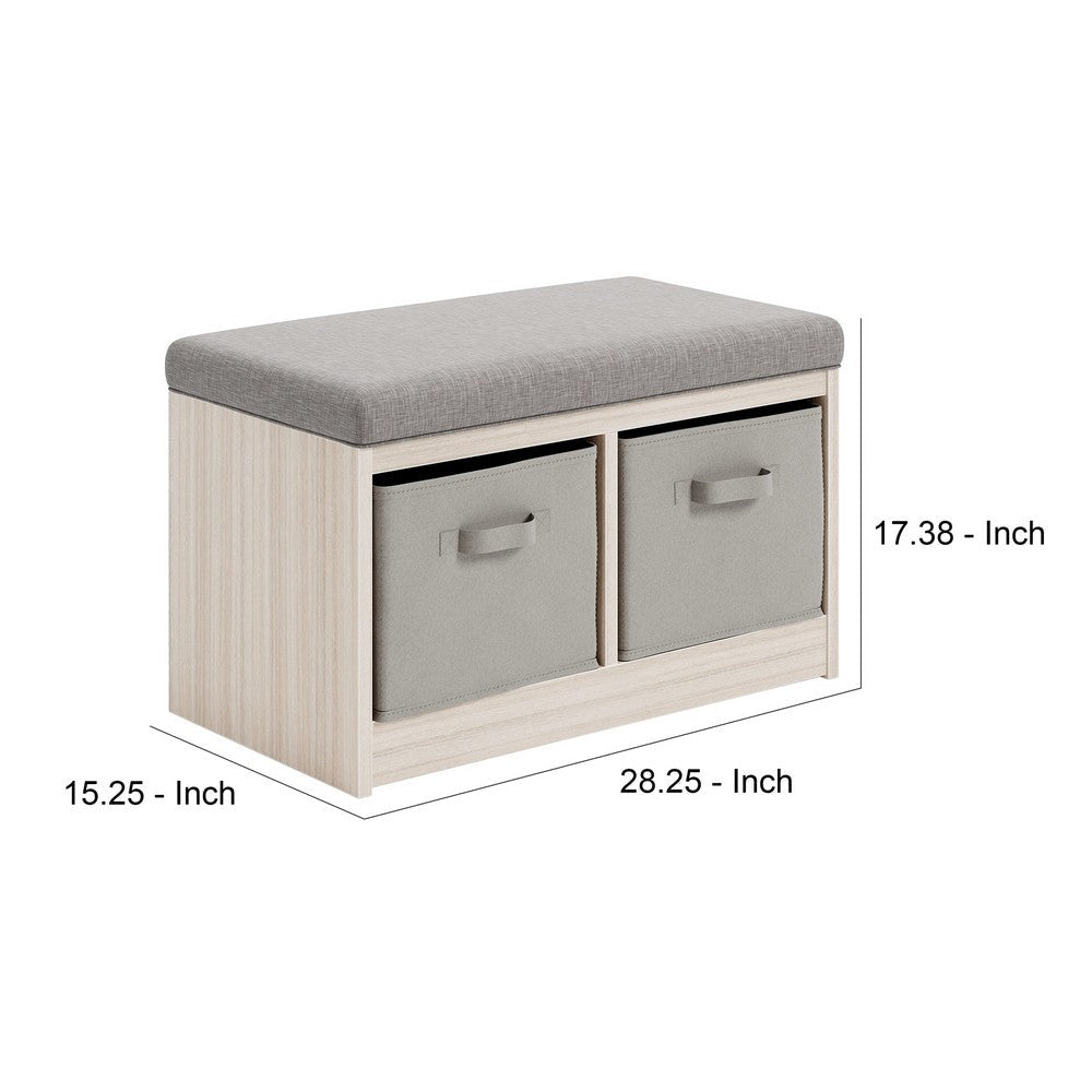 Storage Bench with Cushioned Top and 2 Fabric Baskets, Gray By Casagear Home