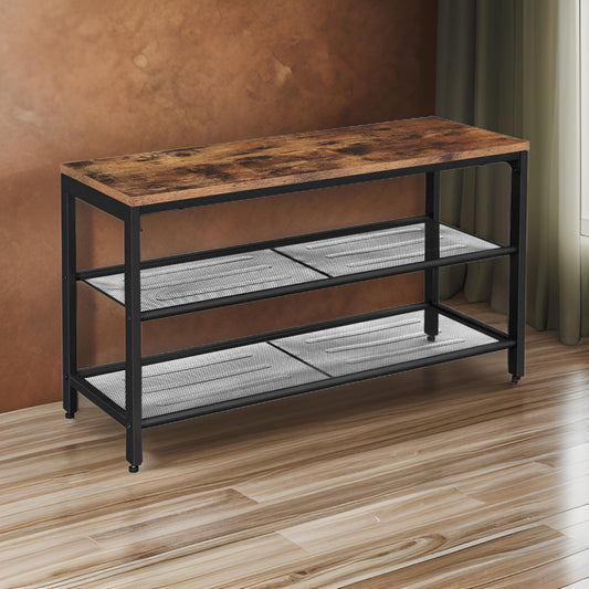 Wooden Shoe Bench with 2 Open Mesh Shelves, Brown and Black By Casagear Home