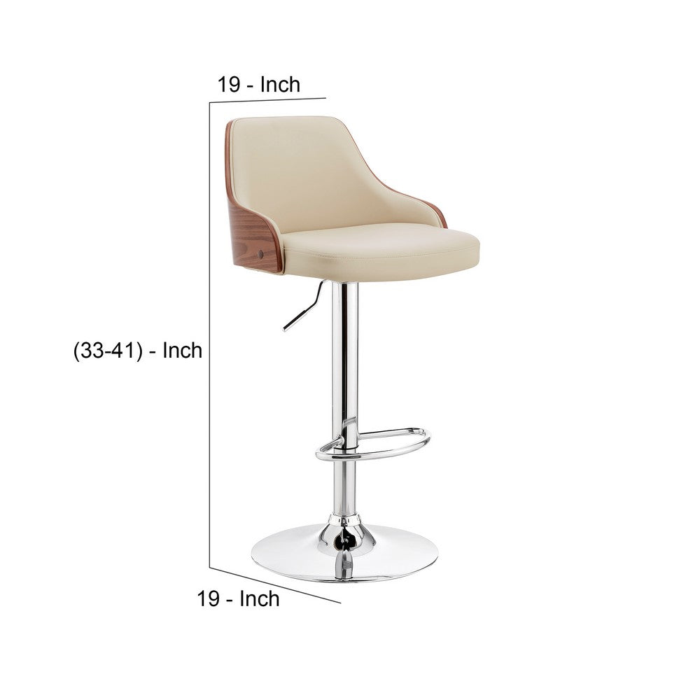 Faux Leather and Metal Adjustable Bar Stool, Cream and Silver By Casagear Home