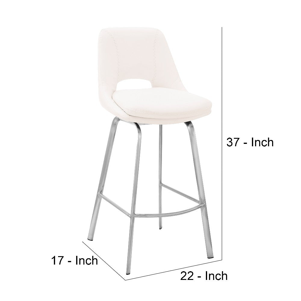 26 Inch Open Back Leatherette Swivel Counter Stool, White and Silver By Casagear Home