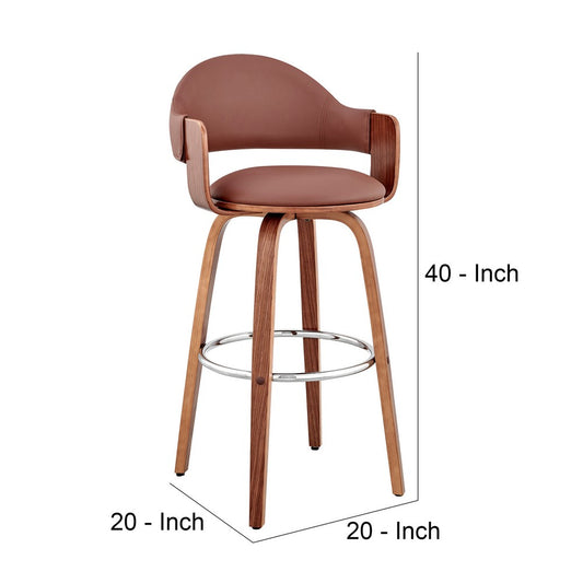 30 Inch Leatherette Barstool with Curved Cushioned Back, Brown By Casagear Home