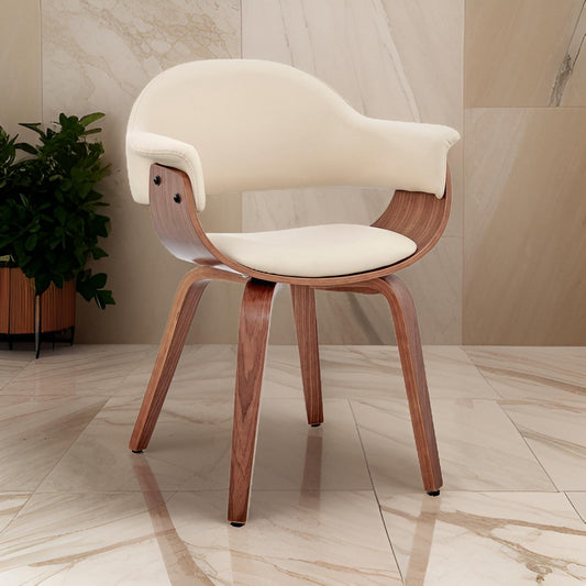 Leatherette Dining Chair with Curved Seat, Cream and Brown By Casagear Home
