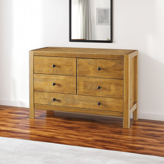 Wooden Dresser with Grain Details and 5 Drawers, Oak Brown By Casagear Home