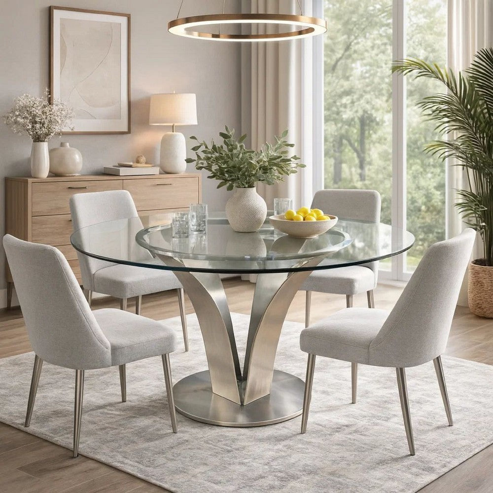 48 Inch Dining Table with Round Glass Top and Metal Base, Chrome