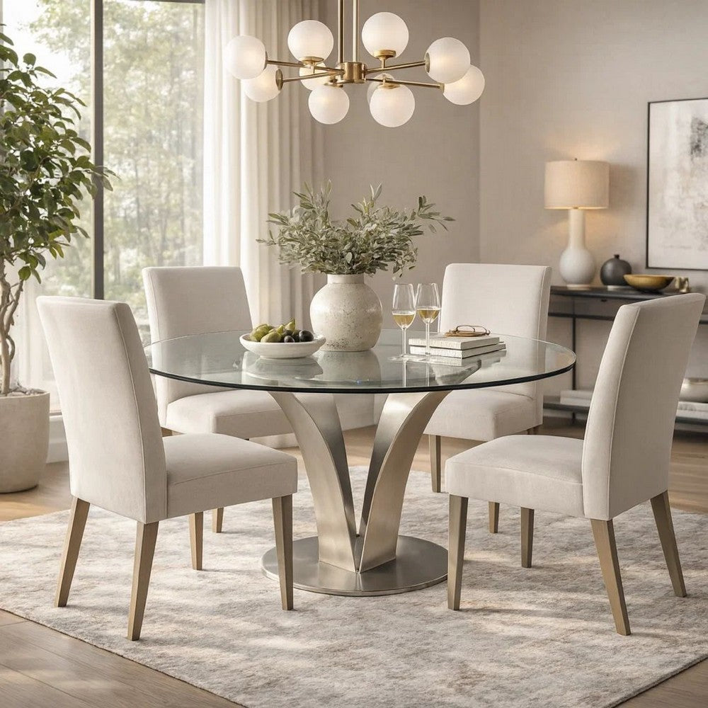 48 Inch Dining Table with Round Glass Top and Metal Base, Chrome