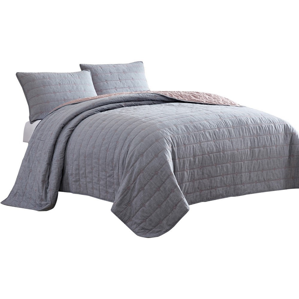 Veria 3 Piece Queen Quilt Set with Channel Stitching The Urban Port, Gray and Pink By Casagear Home