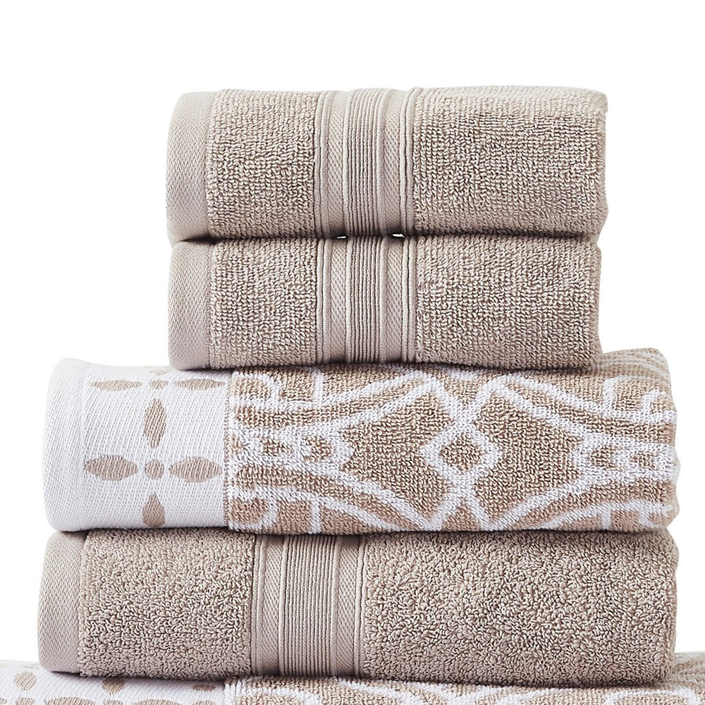 Veria 6 Piece Towel Set with Floral and Geometric Motifs Pattern The Urban Port,Beige By Casagear Home
