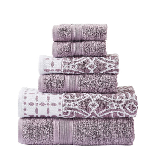 Veria 6 Piece Towel Set | Floral | Geometric Motif | Purple