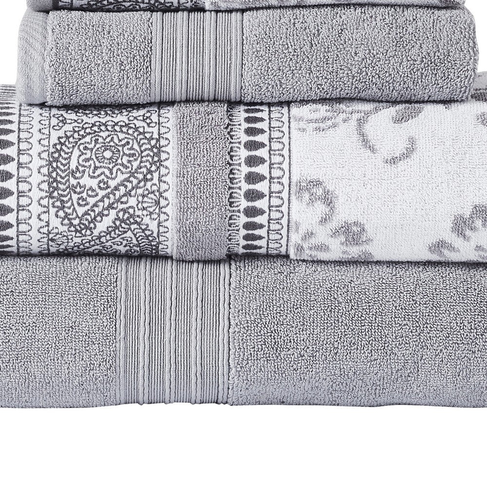 Veria 6 Piece Towel Set with Paisley and Floral Motif Pattern The Urban Port Gray By Casagear Home BM250058