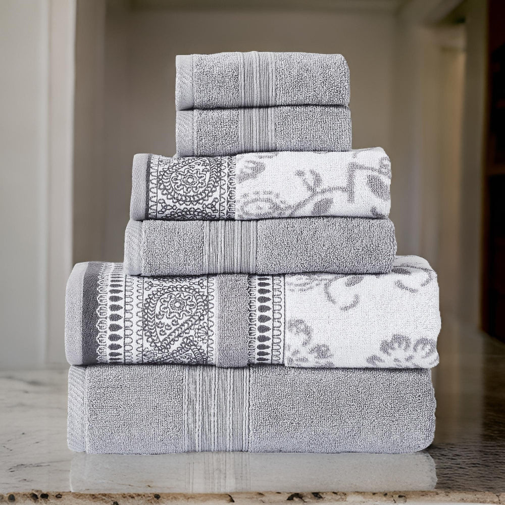 Veria 6 Piece Towel Set | Paisley | Floral Motif | Gray