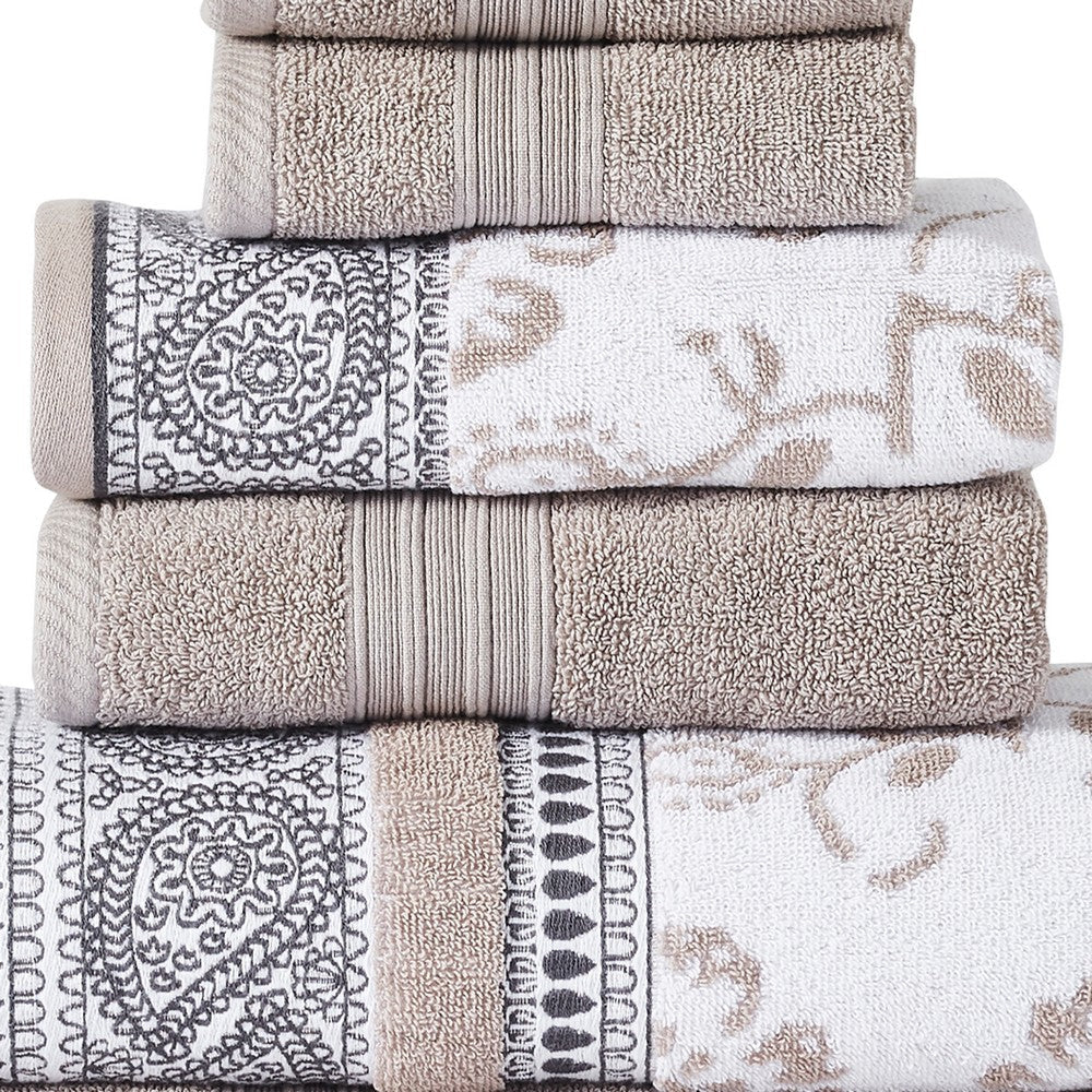 Veria 6 Piece Towel Set with Paisley and Floral Motif Pattern The Urban Port Beige By Casagear Home BM250059