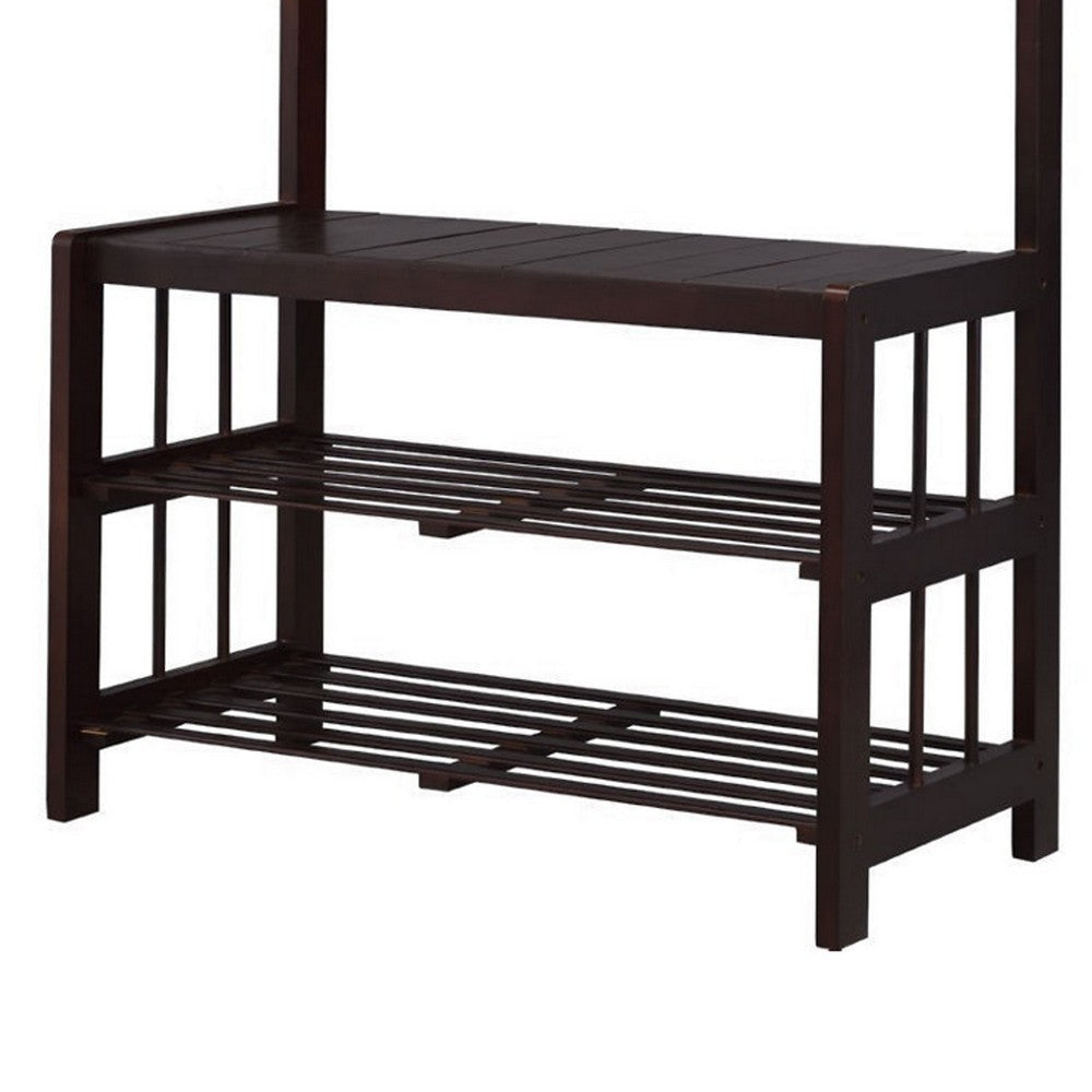 Hall Tree with 5 Hooks and 2 Slatted Shelves, Espresso Brown By Casagear Home