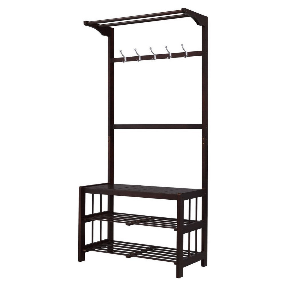 Hall Tree with 5 Hooks and 2 Slatted Shelves, Espresso Brown By Casagear Home