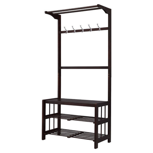 Hall Tree with 5 Hooks and 2 Slatted Shelves, Espresso Brown By Casagear Home