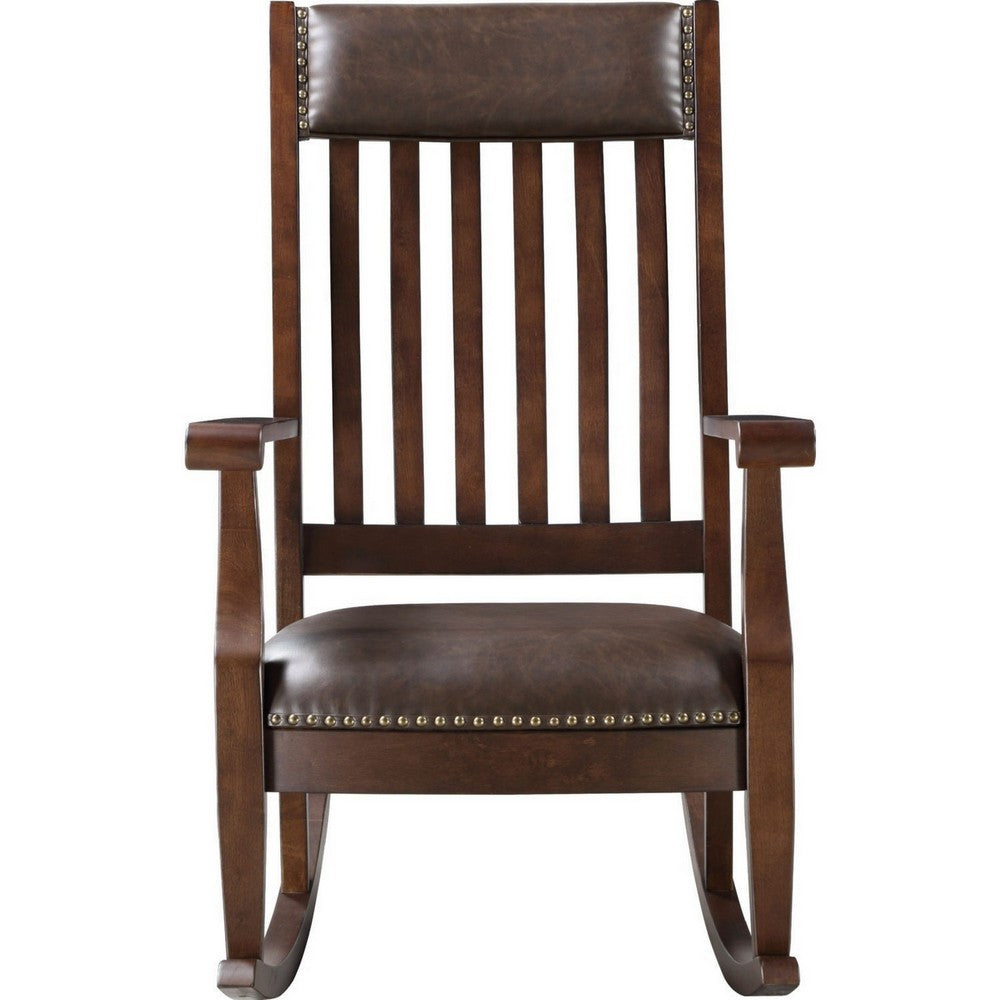 Rocking Chair with Leatherette Seat and Slatted Back, Brown By Casagear Home