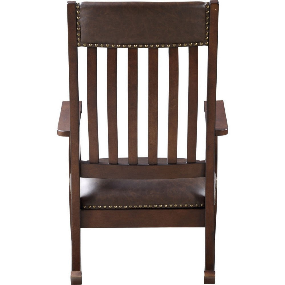 Rocking Chair with Leatherette Seat and Slatted Back, Brown By Casagear Home
