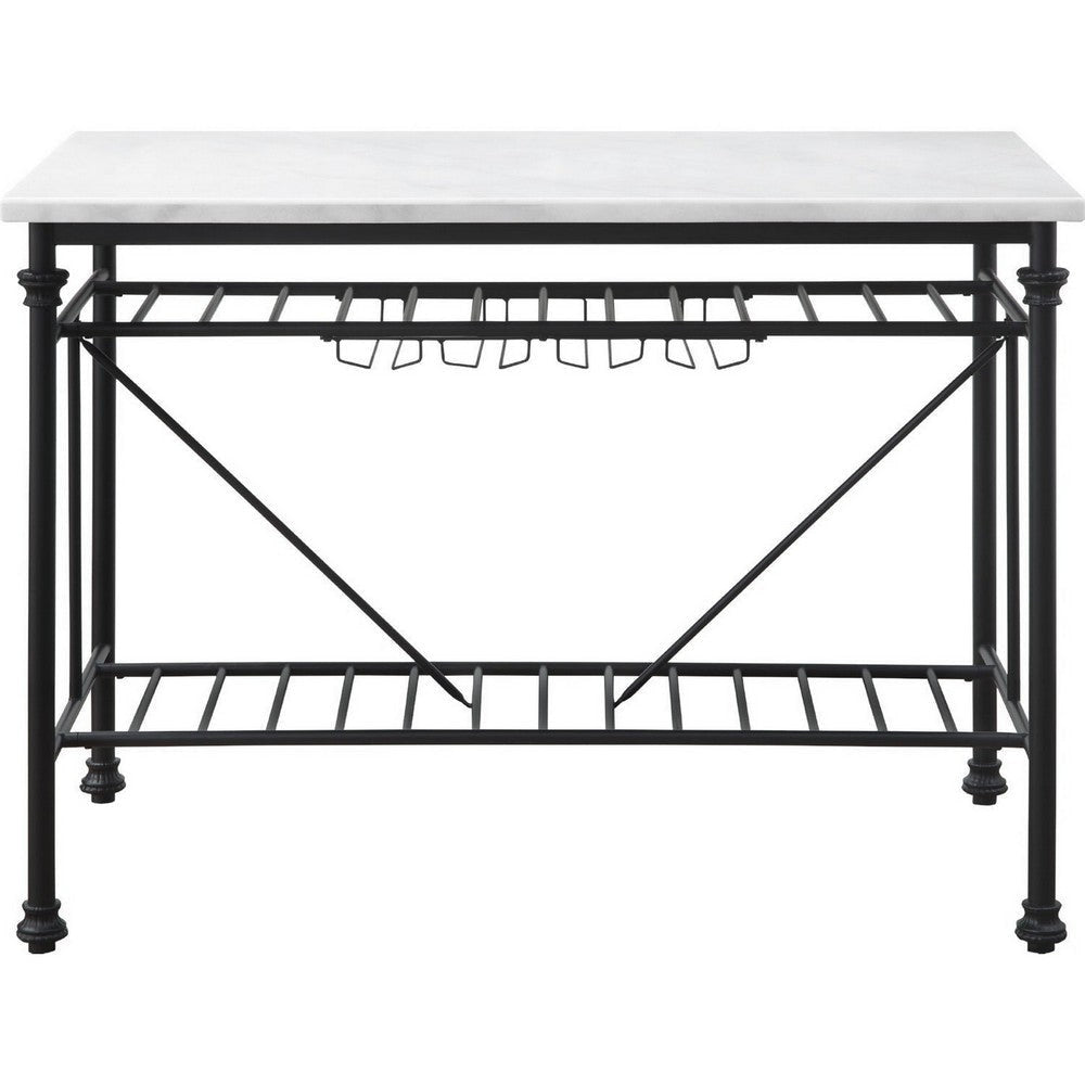 Kitchen Island with Marble Top and Slatted Shelf Black and White BM250190