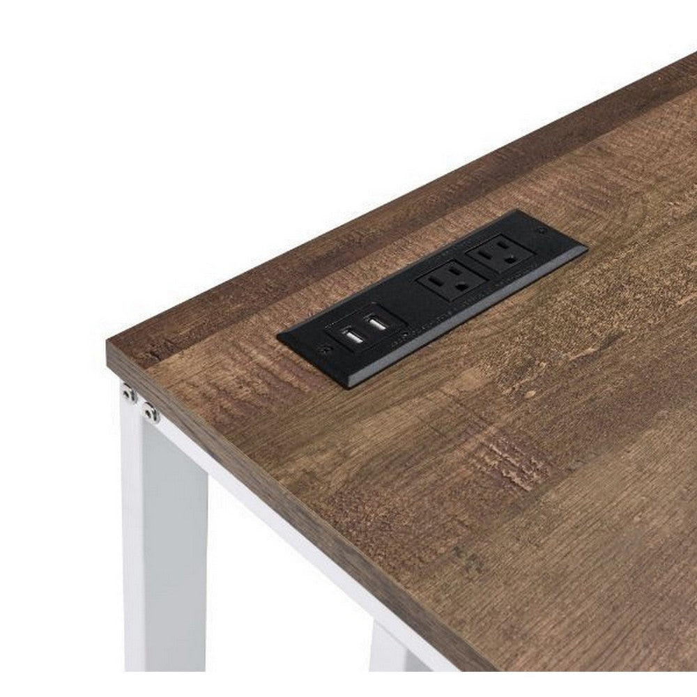 Writing Desk with Wooden Top and Built in USB Port Brown and White