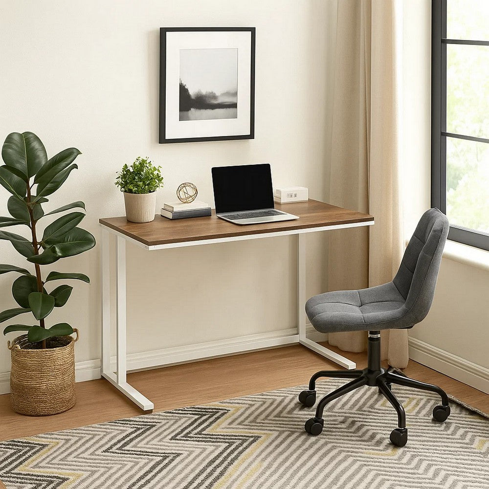Writing Desk with Wooden Top and Built in USB Port, Brown and White