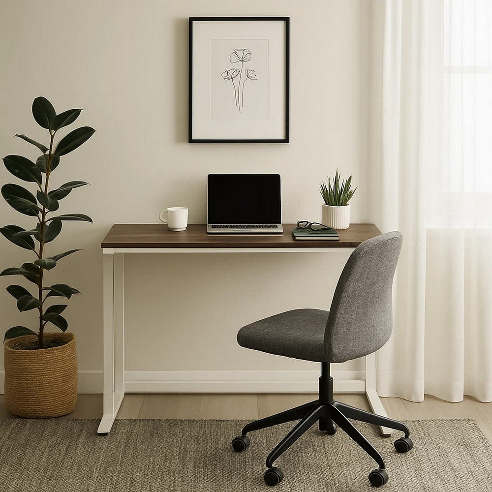 Writing Desk with Wooden Top and Built in USB Port, Brown and White