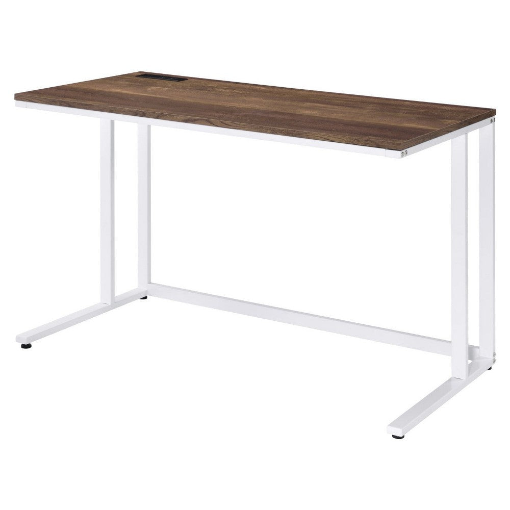Writing Desk with Wooden Top and Built in USB Port, Brown and White