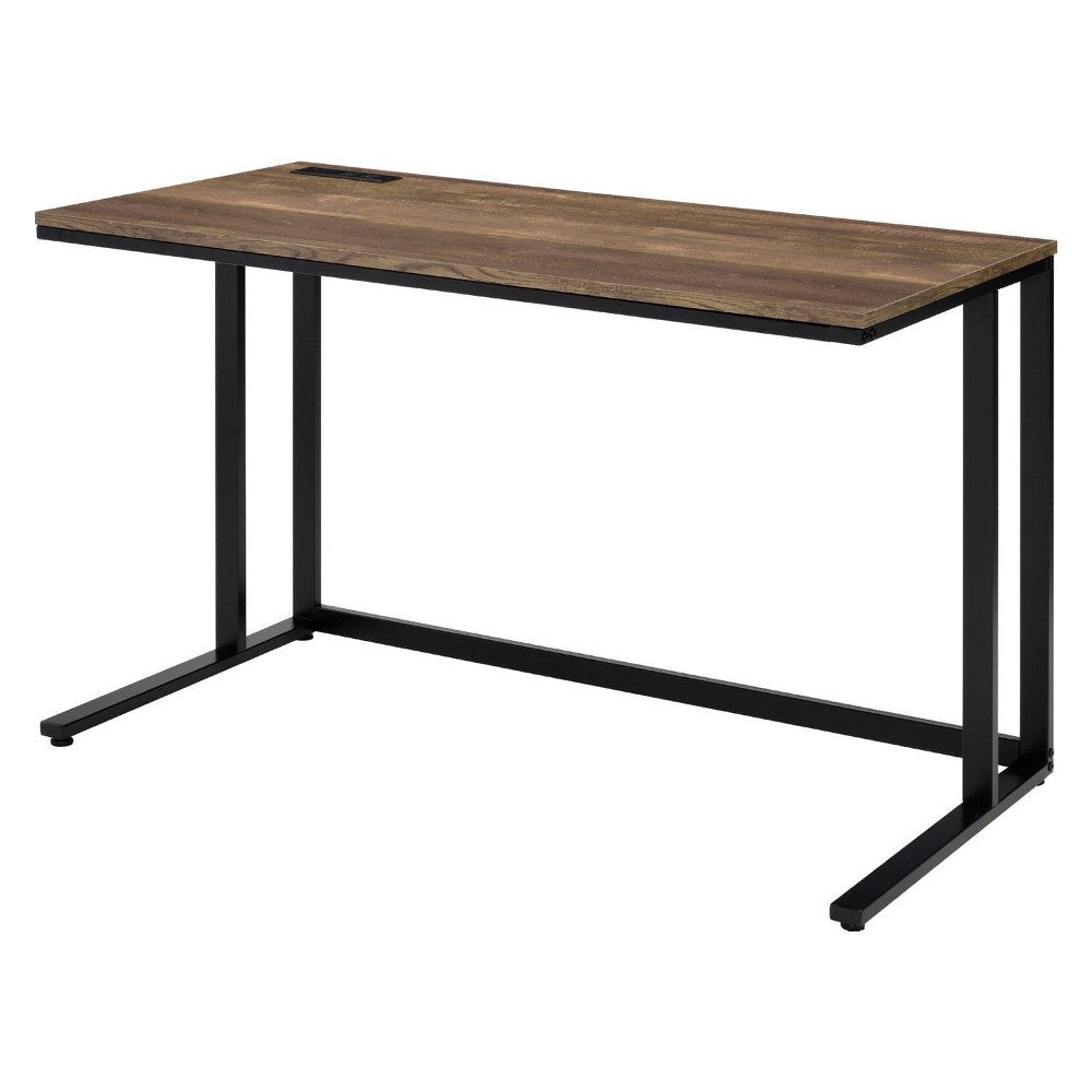 Writing Desk with Wooden Top and Built in USB Port, Brown and Black