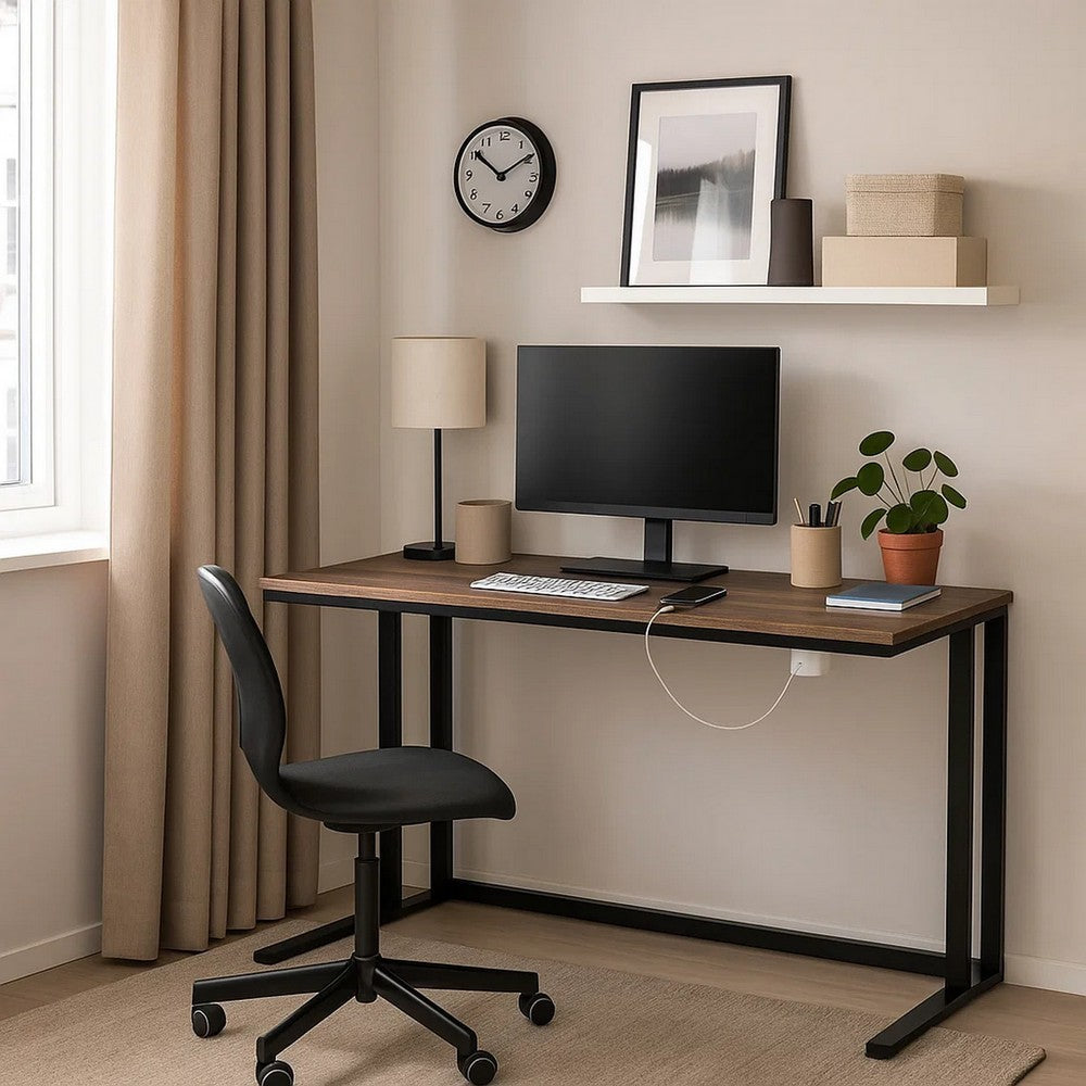 Writing Desk with Wooden Top and Built in USB Port, Brown and Black