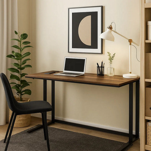 Writing Desk with Wooden Top and Built in USB Port, Brown and Black