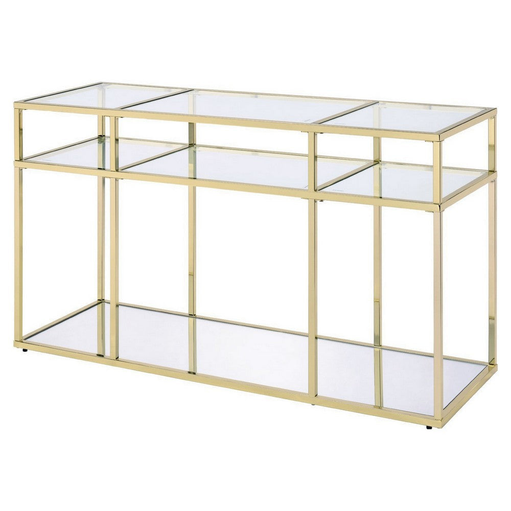 3 Tier Sofa Table with Glass Shelves and Metal Frame, Gold