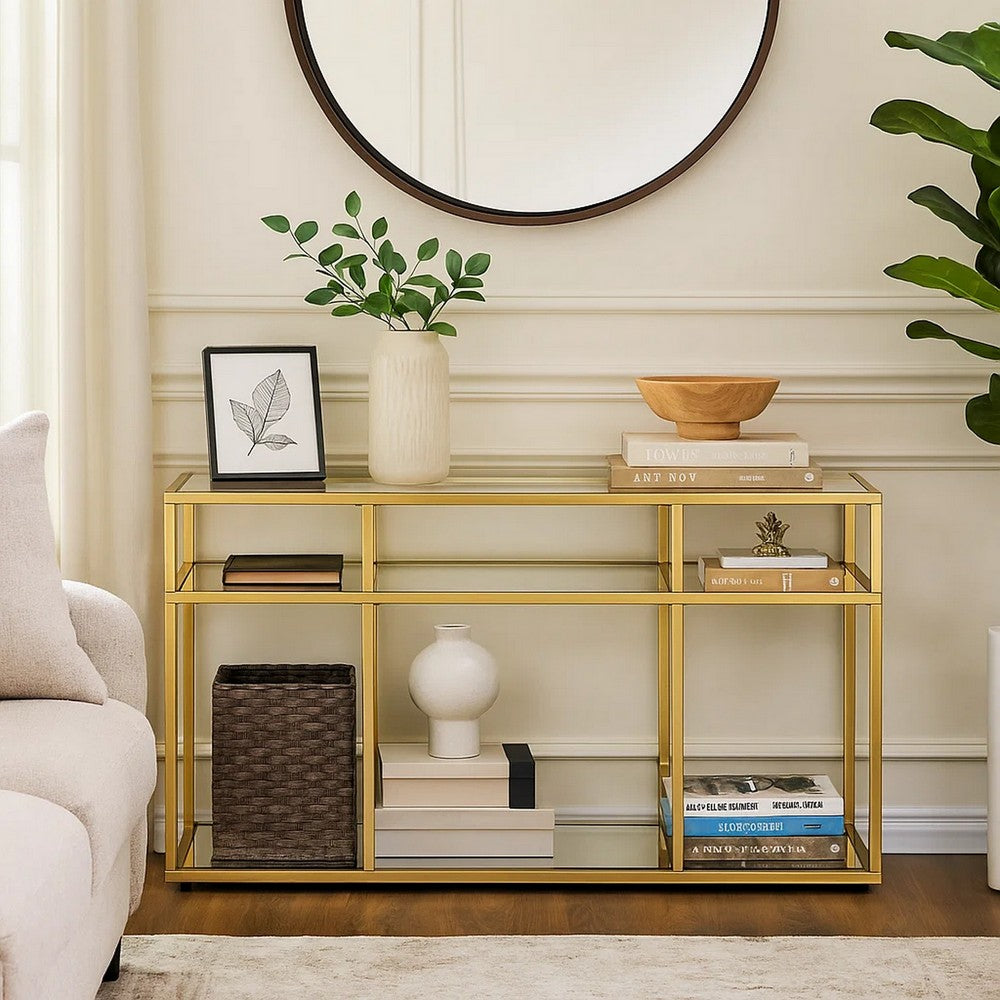 3 Tier Sofa Table with Glass Shelves and Metal Frame, Gold