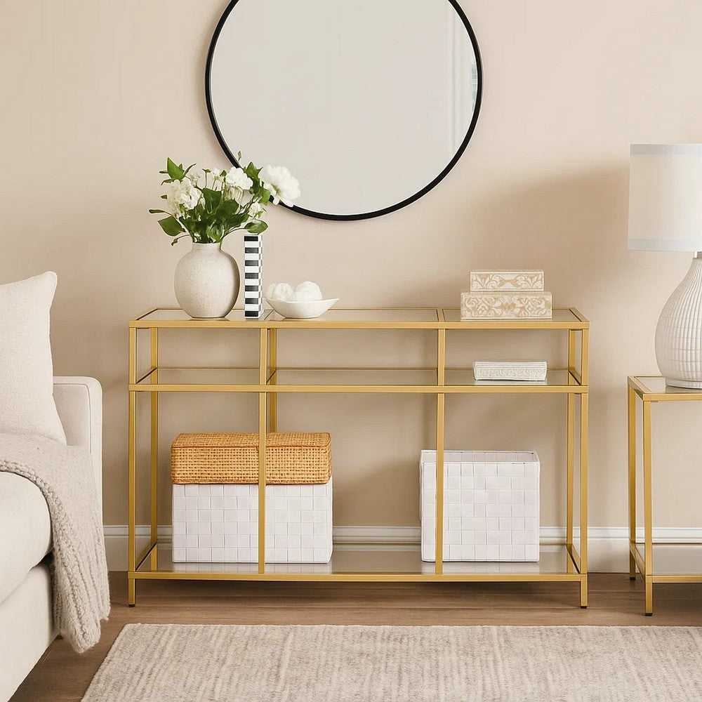 3 Tier Sofa Table with Glass Shelves and Metal Frame, Gold