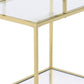 3 Tier Accent Table with Glass Shelves and Metal Frame, Gold By Casagear Home