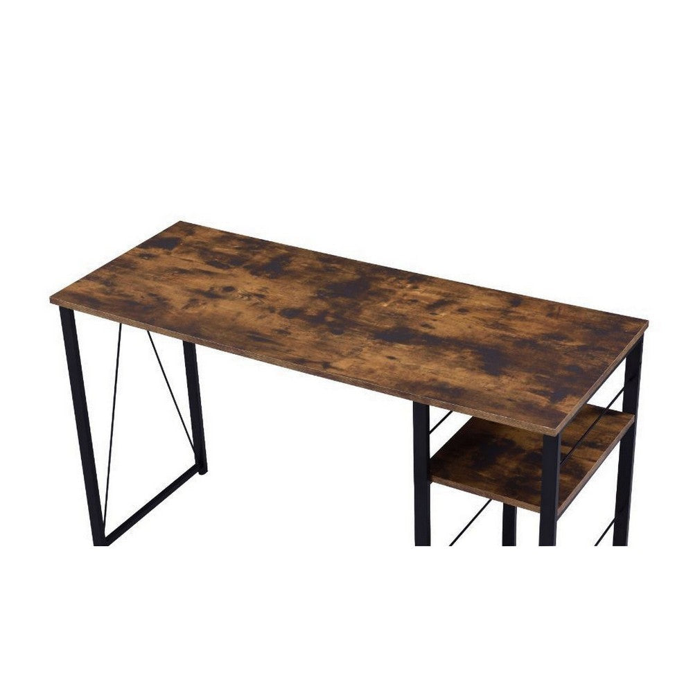 Writing Desk with 2 Tier Shelves and Tubular Metal Legs Brown and Black BM250198