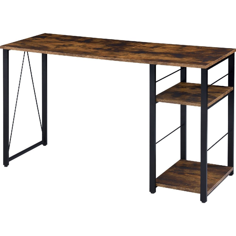 Writing Desk with 2 Tier Shelves and Tubular Metal Legs, Brown and Black