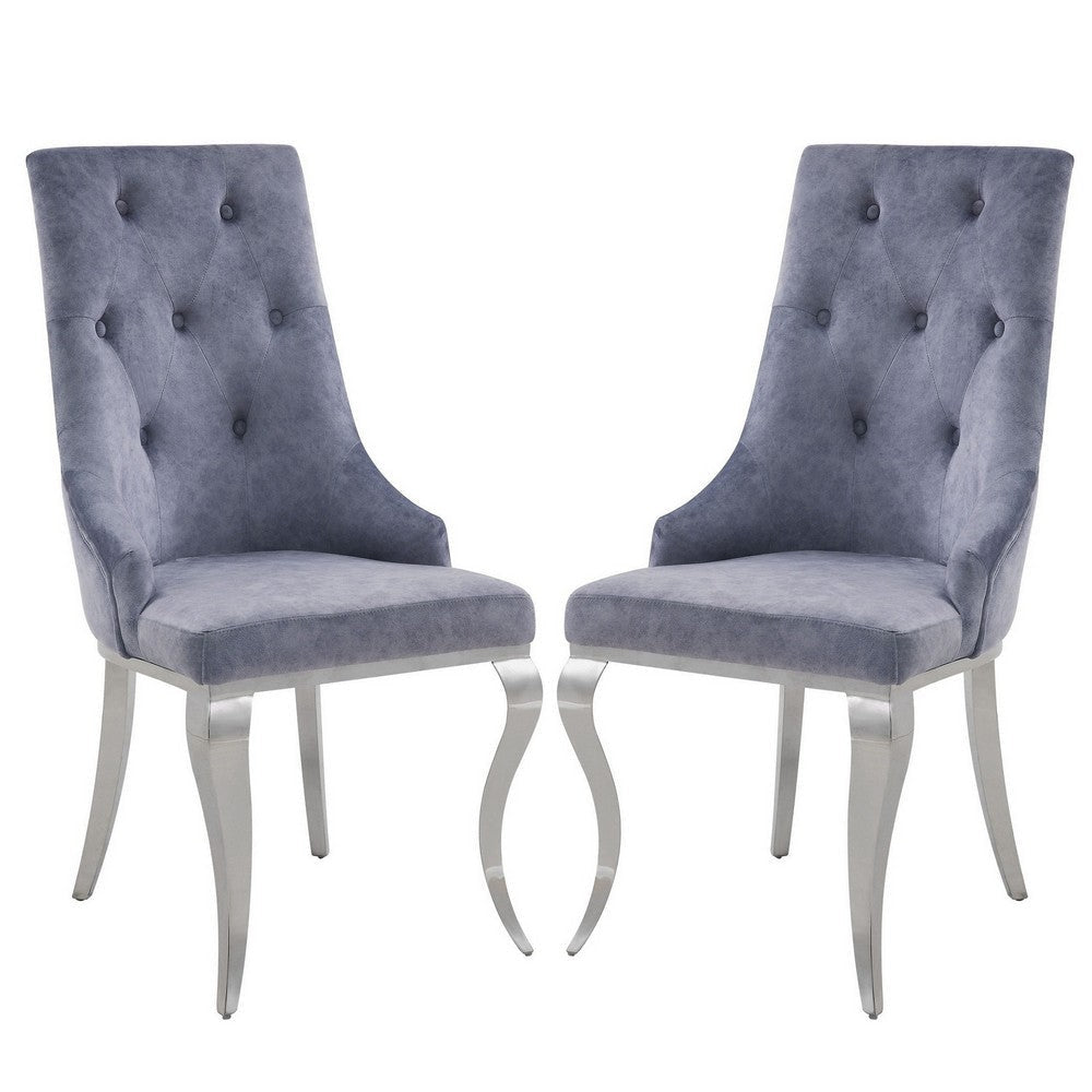 Side Chair with Button Tufting and Metal Legs, Set of 2, Gray and Silver