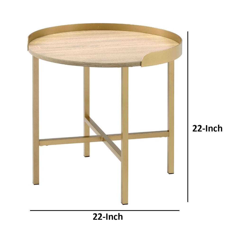 Kai 22 Inch Wood End Table Round Tray Top Metal Accent Brown Brass By Casagear Home BM250257