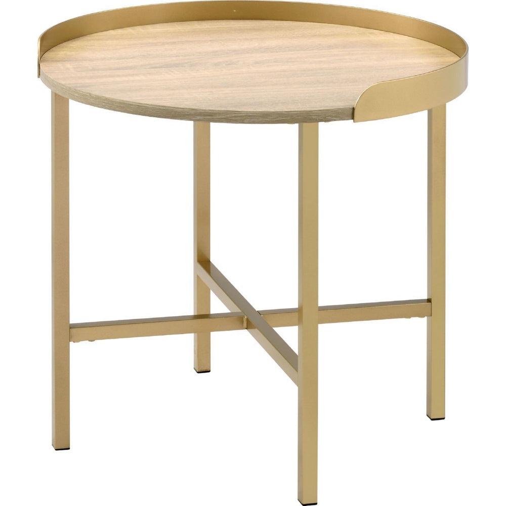 Kai 22 Inch Wood End Table Round Tray Top Metal Accent Brown Brass By Casagear Home BM250257