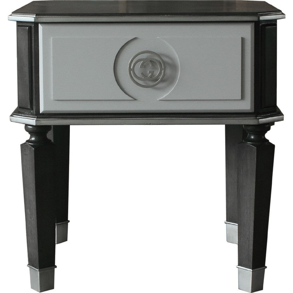MDF End Table with 1 Drawer and Turned Tapered Legs Gray and Silver BM250262