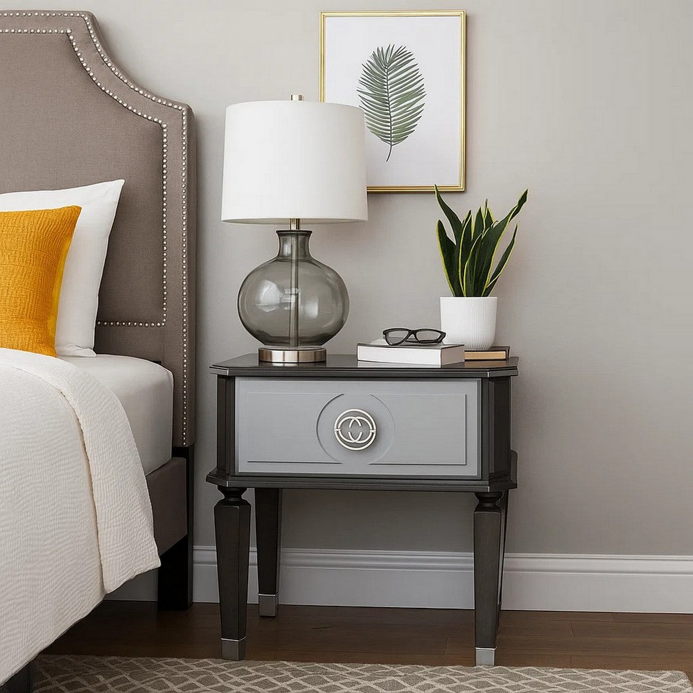 MDF End Table with 1 Drawer and Turned Tapered Legs, Gray and Silver