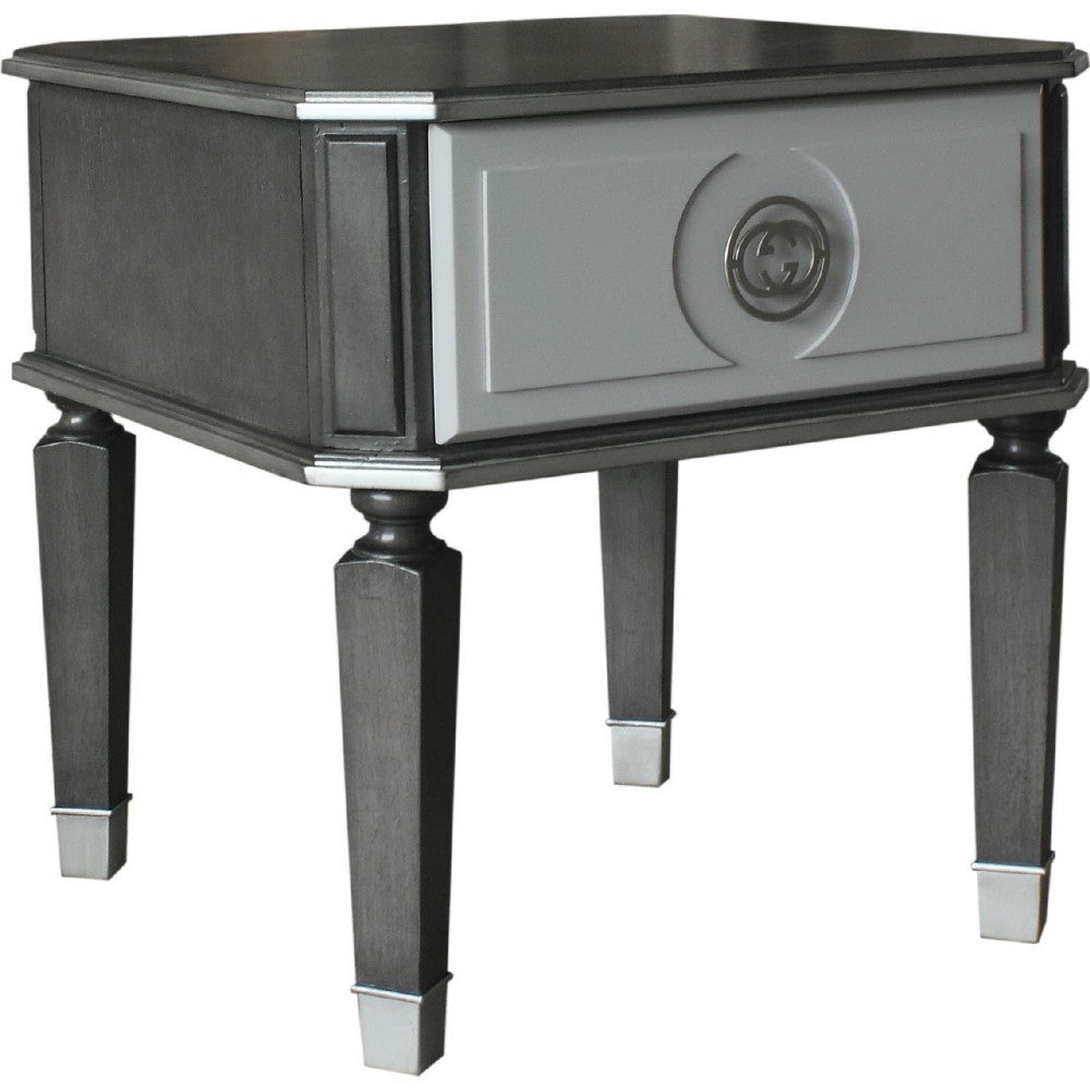 MDF End Table with 1 Drawer and Turned Tapered Legs, Gray and Silver