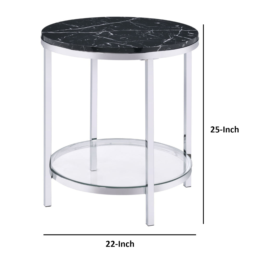 End Table with Round Faux Marble Top and Glass Shelf Black By Casagear Home BM250265