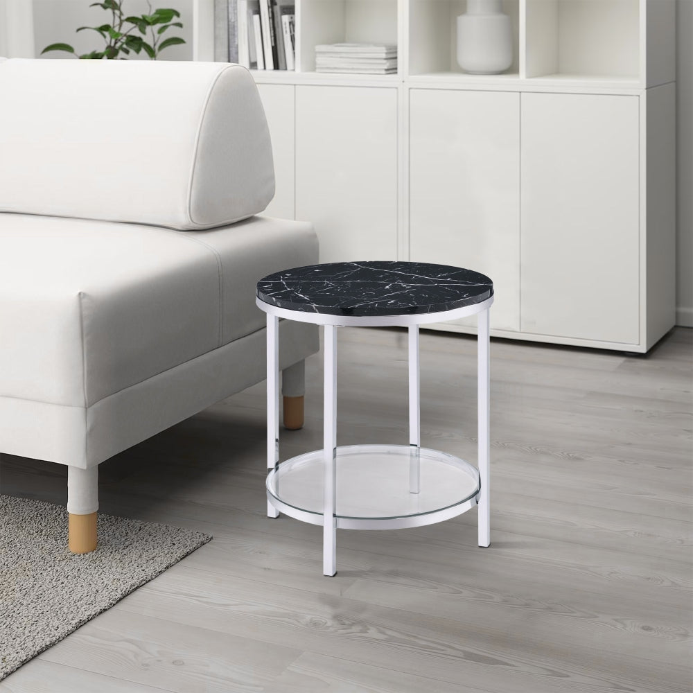 Liora End Table | Faux Marble Top | Glass Shelf | Black