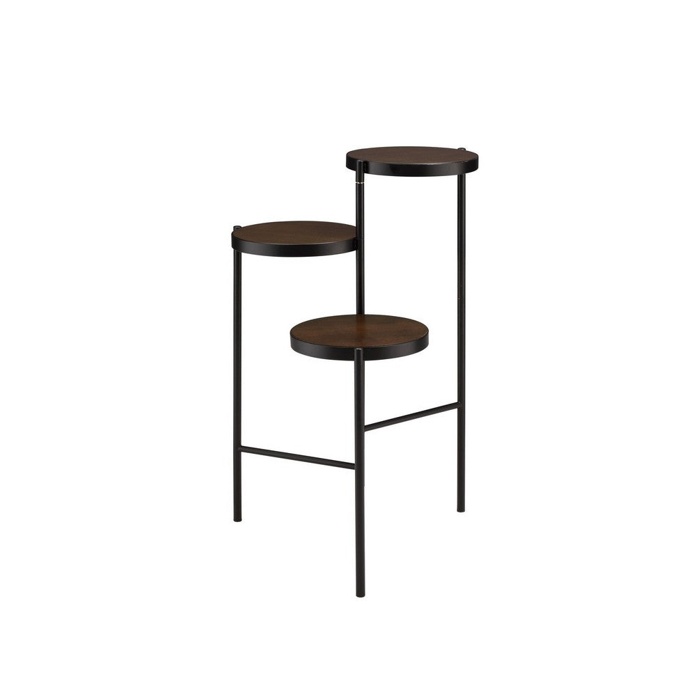 3 Tier Plant Stand with Round Wooden Shelves and Foldable Design, Black By Casagear Home