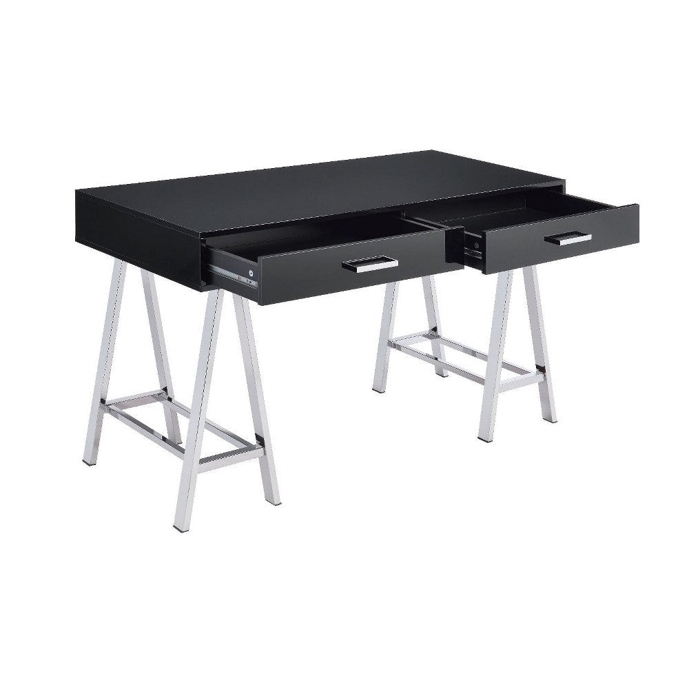 Writing Desk with MDF 2 Drawers and Metal Legs Black and Chrome
