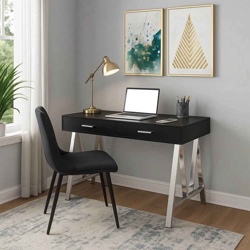 Writing Desk with MDF 2 Drawers and Metal Legs, Black and Chrome